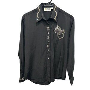 Vintage Christine Alexander Small Black Button-Up Shirt Watch Chain Embroidered